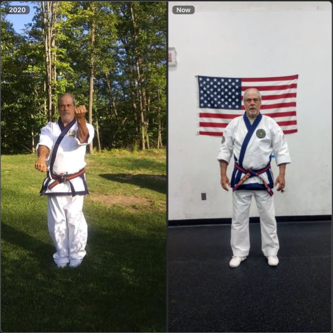 Side by side: Master Birch in 2020 throwing a punch on a lawn by the woods, and today standing at attention in the Sportsplex in front of an American flag.